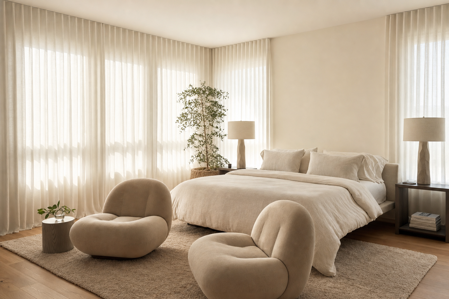 Ceiling-mounted motorized ivory drapes in a serene modern bedroom